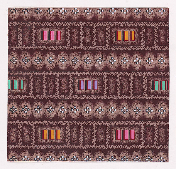 Textile Design with Horizontal Rows of Groups of Three Rectangles Framed by Garlands of Branches and Separated by Rows of Groups of Four Pearls
