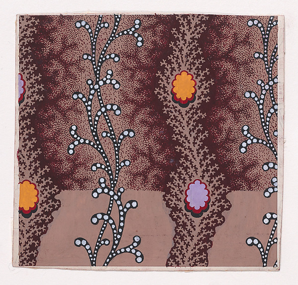 Textile Design with Alternating Vertical Scrolls Decorated with Pearls and Undulating Garlands of Branches Decorated with Rosettes and with Offsetting Branches
