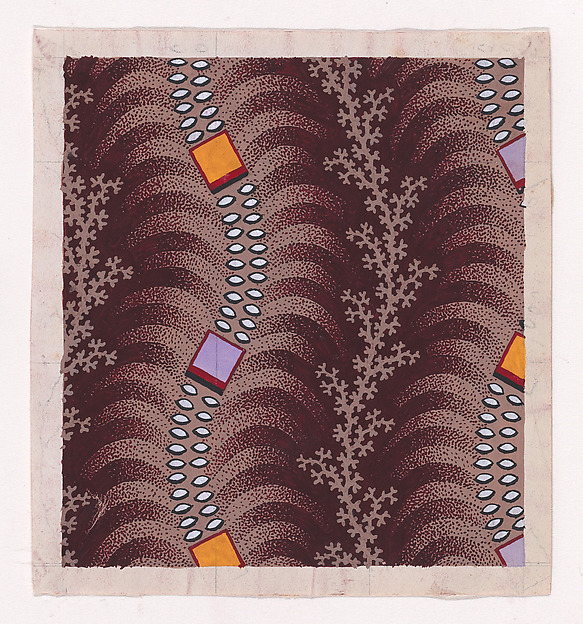 Textile Design with Undulating Vertical Strips of Squares Joined by Lens-Shaped Pearls over Undulating Stylized Palm Leaves Separated by Vertical Garlands of Branches