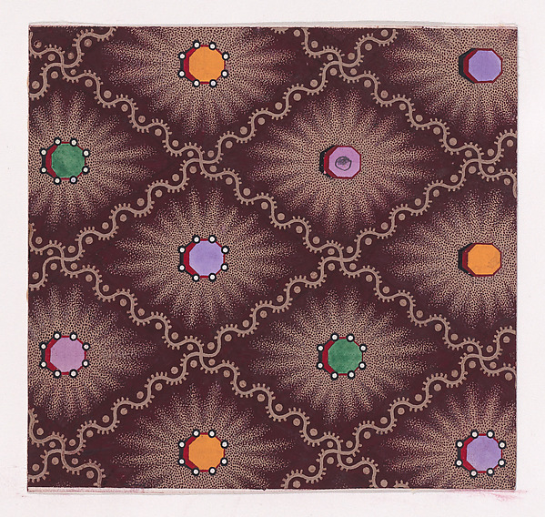 Textile Design with a Pattern of Seamless Lozenges Formed by a Undulating Ribbons with Dots, Decorated with Octagons with Pearls on the Vertices