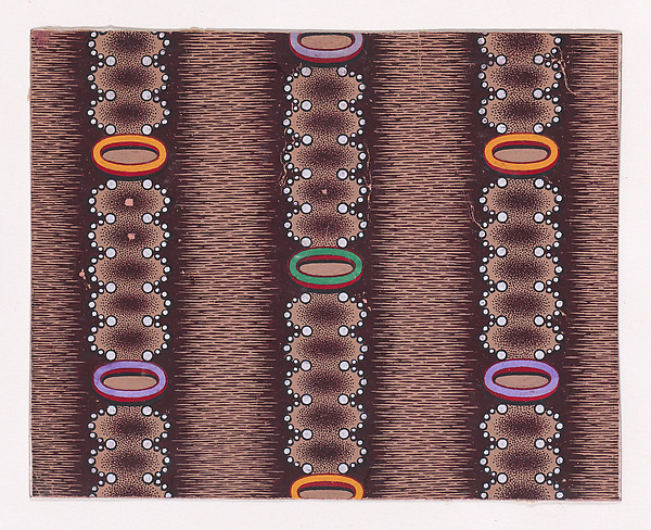 Textile Design with Vertical Garlands Bordered with Pearls Aligned to Form a Pattern of Semicircles Decorated with Oval-Shaped Rings Over a Glitched Background