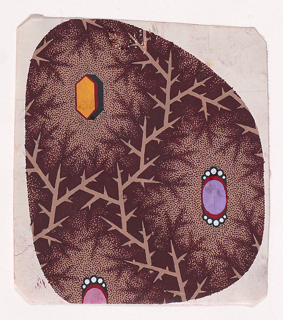 Textile Design with Alternating Rows of Hexagons and Ovals Flanked by Pearls Framed by a Network of Stiff Branches