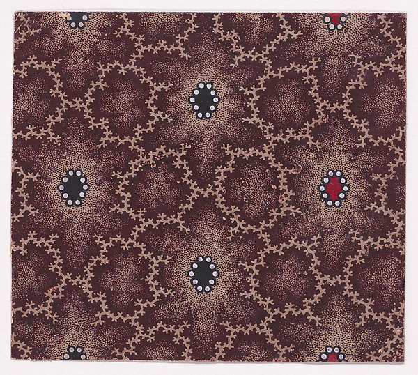 Textile Design with Alternating Vertical Rows of Lozenges and Pearls Framed by Interlacing Garlands of Branches