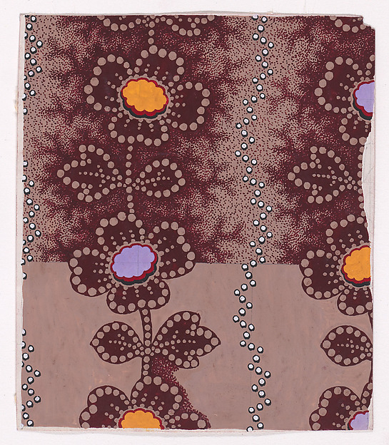 Textile Design with Undulating Garlands of Stylized Flowers and Leaves Separated by Undulating Zig-Zagging Strips of Pearls