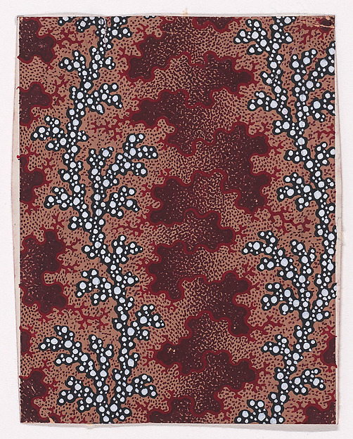 Textile Design with Vertical Undulating Garlands of Pearls Separated by Vertical Strips of Vermicular Pattern over a Stippled Background
