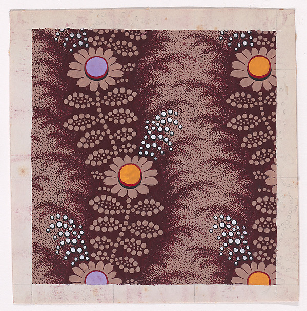 Textile Design with Vertical Undulating Garlands of Stylized Daisies with Pearls and Leaves over a Stippled Background