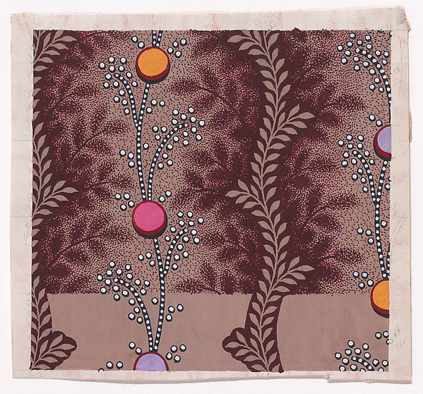 Textile Design with Vertical Scrolls of Pearls with Circles Separated by Vertical Undulating Garlands of Stylized Leaves