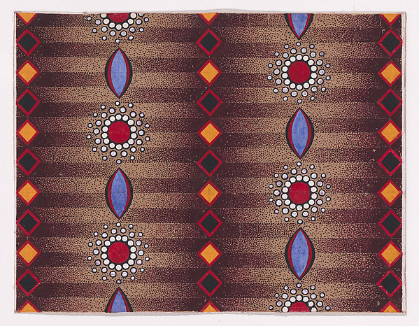 Textile Design with Vertical Strips of Alternating Lens-Shapes and Circles Framed by Pearls Separated by Vertical Strips of Lozenges over a Striped Background