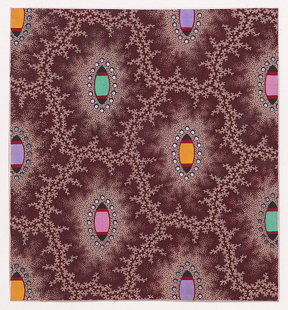 Textile Design with Alternating Vertical Rows of Shuttle Shapes and Pearls Framed by Interlacing Garlands of Branches