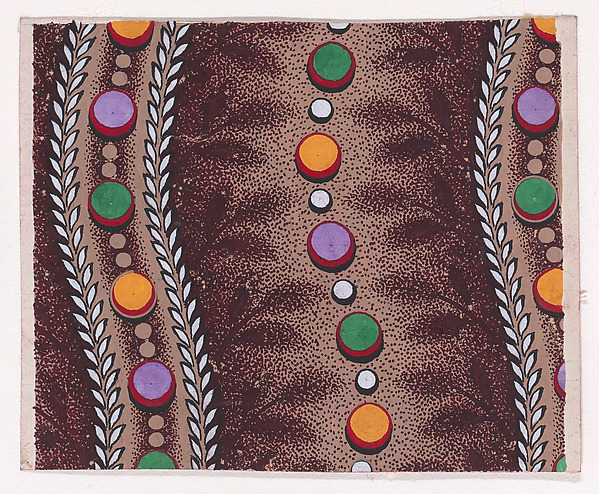 Textile Design with Vertical Undulating Ribbons Framed by Garlands of Stylized Leaves and with Pearls and Dots Running Along the Middle and with Offsetting Branches with Stylized Leaves Separated by Undulating Strips of Alternating Pearls