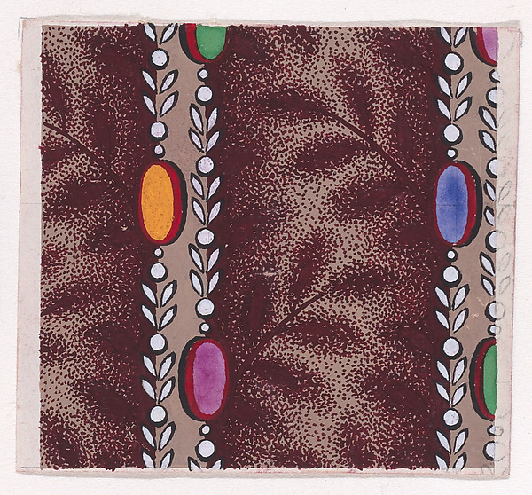 Textile Design with Vertical Stripes Framed by Strips of Ovals, Pearls and Stylized Leaves over a Stippled Background