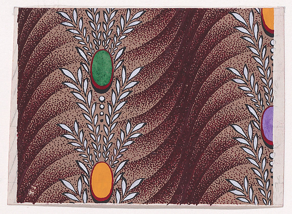 Textile Design with Vertical Garlands of Stylized Leaves, Pearls and Ovals over a Background of Overlapping Scales