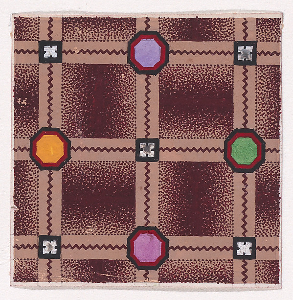 Textile Design with a Checked Pattern Decorated with Octagons and Squares over a Stippled Background