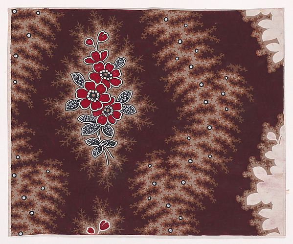 Textile Design with Vertical Rows of Bunches of Stylized Flowers with Pearls as Pistils and Leaves of Decorated with Pearls with Offsetting Branches Separated by Undulating Garlands of Branches Splattered with Pearls
