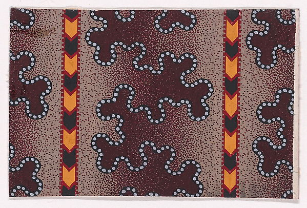 Textile Design with Alternating Quatrefoils Bordered with Pearls and Framed by Interlacing Ribbons