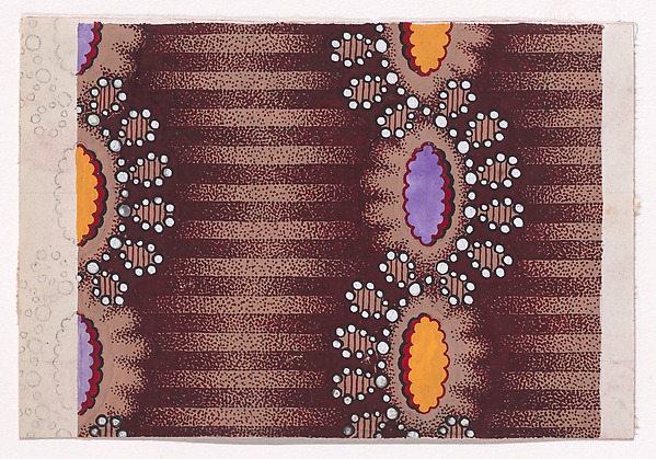 Textile Design with Vertical Undulating Strips of Pearls with Alternating Offsetting Stylized Leaves and Rosettes over a Striped Background