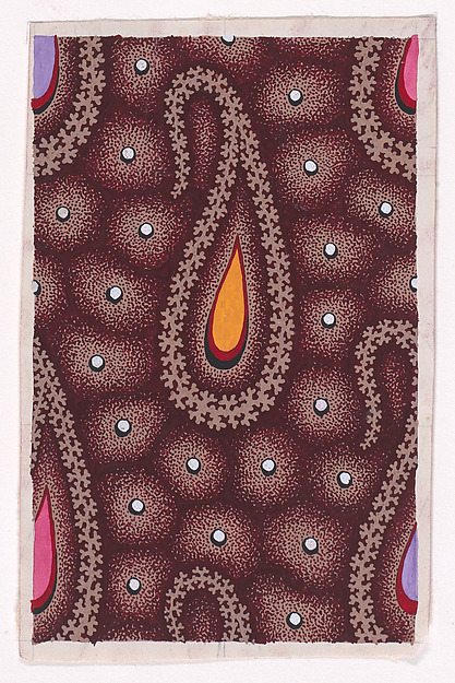 Textile Design with Alternating Rows of Paisley Motifs Outlined with Branches and Decorated with a Teardrop Shape over an Abstract Honeycomb Pattern Decorated with Pearls