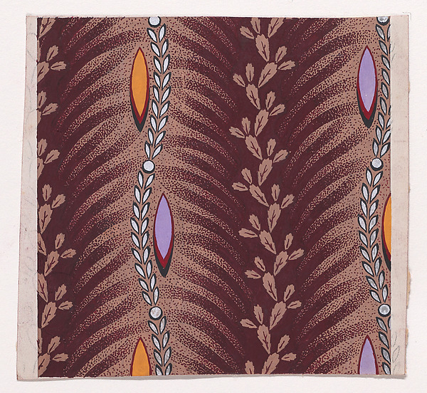 Textile Design with Vertical Undulating Garlands of Stylized Leaves with Offsetting Stylized Palm Leaves Separated by Vertical Undulating Garlands of Leaves and Pearls with Alternating Shuttle-Shaped Motifs