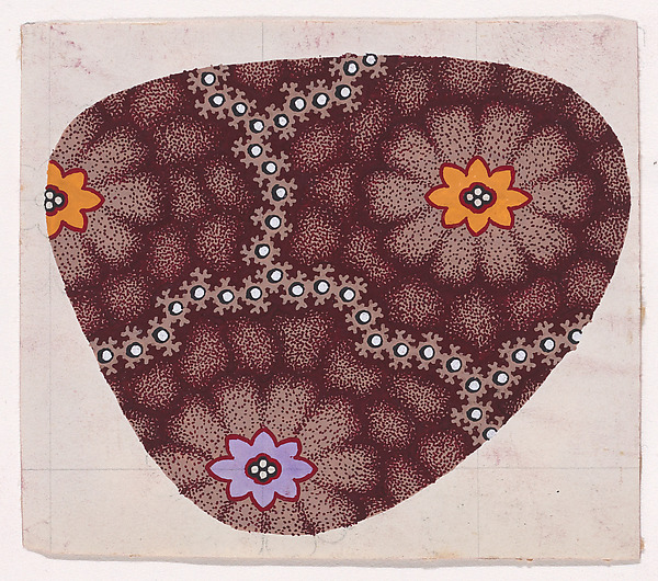 Textile Design with Alternating Horizontal Rows of Rosettes with Pearls as Pistils Framed by Interlacing Garlands of Branches with Pearls over an Abstract Honeycomb Pattern