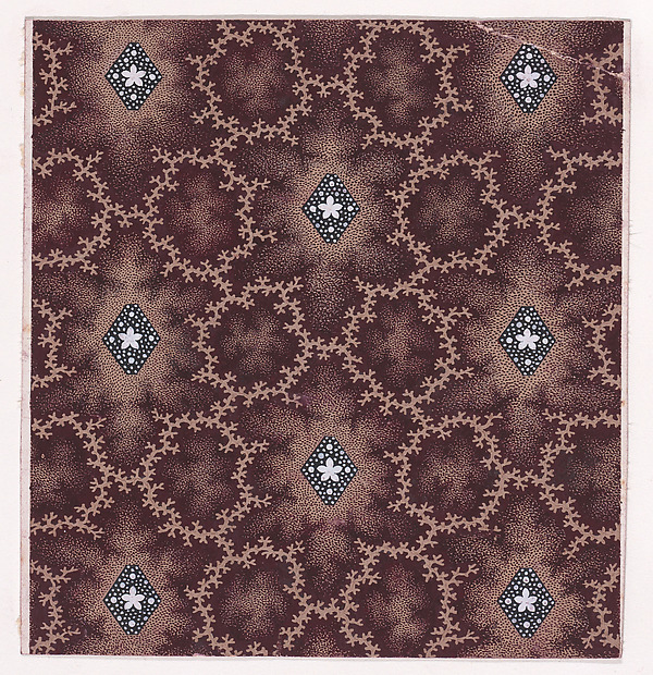 Textile Design with Alternating Vertical Rows of Lozenges Decorated with Rosettes and Pearls Framed by Interlacing Garlands of Branches