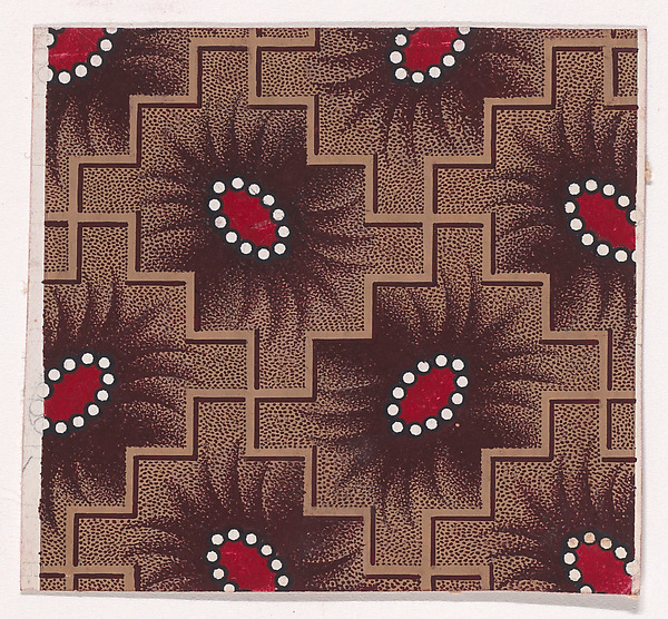 Textile Design with Alternating Shuttle-Shaped Motifs Framed by Pearls and with Offsetting Palmettes Framed by a Checked Pattern of Intersecting Zig-Zagging Diagonal Lines