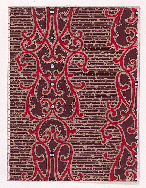 Textile Design with Vertical Strips of Pearls Framed by Ornamental Scrolling Motifs over a Striped Background with Dots