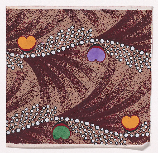 Textile Design with Horizontal Undulating Strips of Pearls with Alternating Offsetting Bundles of Pearls and Heart Shapes over a Background of Alternating Overlapping Scales