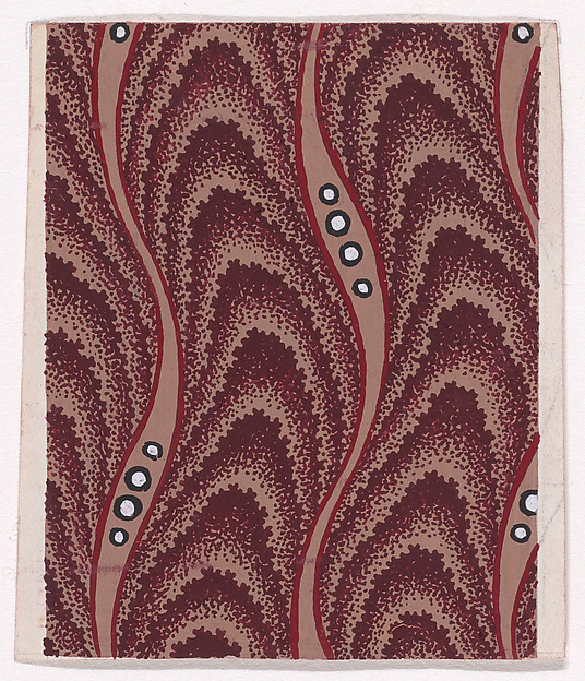 Textile Design with Undulating Vertical Strips of Overlapping Scales Separated by Undulating Ribbons and Pearls
