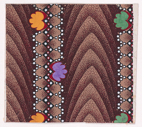 Textile Design with Vertical Ribbons Framed by Undulating Strips of Pearls and with a Zig-Zagging Strip of Pearls with Alternating Rosettes Separated by Vertical Strips of Overlapping Scales