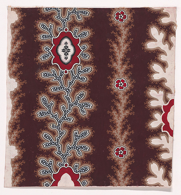 Textile Design with Alternating Vertical Garlands of Stylized Leaves and Branches Decorated with Quatrefoils with an Ornamental Frame and Rosettes with Pearls