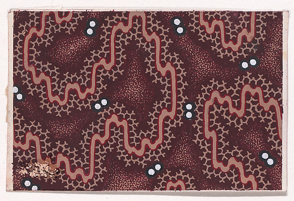Textile Design with an Undulating Ribbon with Honeycomb Pattern Offsetts and Pearls over a Stippled Background