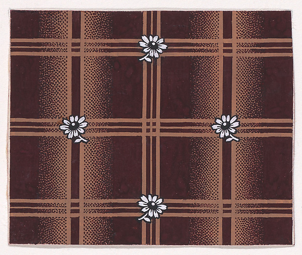 Textile Design with a Tartan Pattern and Stylized Daisies