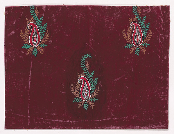 Textile Design with Paisley Motifs and Bundles of Stylized Branches with Leaves