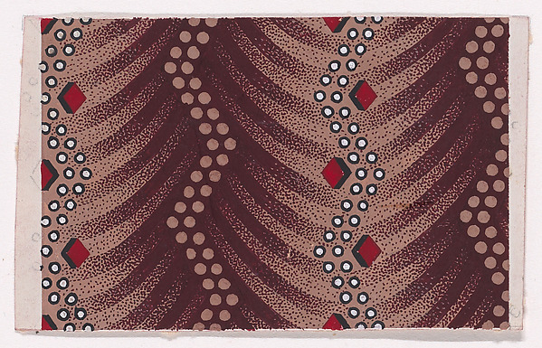Textile Design with Alternating Vertical Zig-Zagging Strips of Dots and Zig-Zagging Strips of Pearls with Alternating Lozenges over a Background of Overlapping Scales