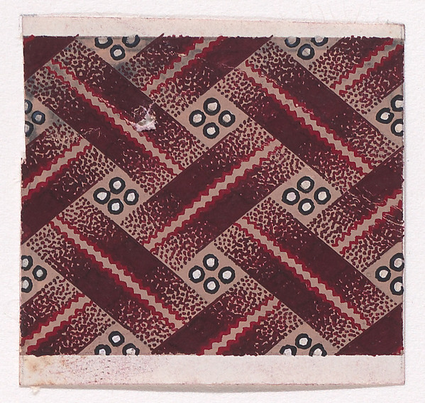 Textile Design with a Basketweave Pattern of Ribbons with a Zig-Zagging Line Running Along the Middle and Pearls