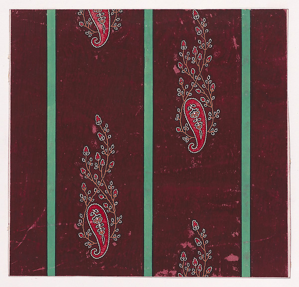 Textile Design with Vertical Rows of Paisley Motifs Flanked by Interlacing Branches with Stylized Flowers and Leaves Separated by Stripes