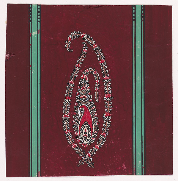 Textile Design with a Paisley Motif Decorated with Branches with Small Stylized Flowers and Leaves Framed by Two Vertical Stripes