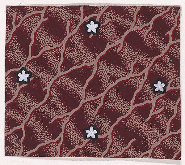 Textile Design with Interlacing Branches and Alternating Rows of Rosettes over a Background with an Interlaced Pattern