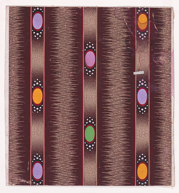 Textile Design with Vertical Stripes of Ribbon Decorated with Ovals Flanked by Pearls over a Glitched Background