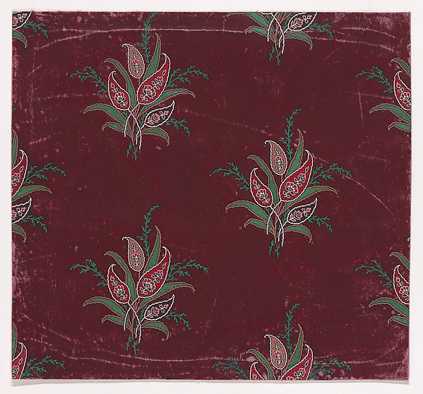 Textile Design with Bundles of Paisley Motifs, Stylized Leaves and Stylized Branches with Leaves