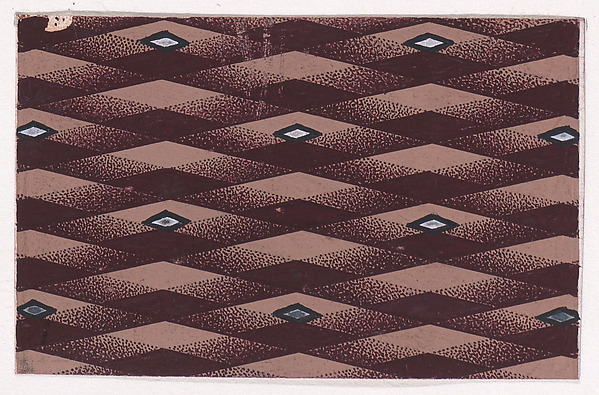 Textile Design with Alternating Vertical Rows of Lozenges over a Background of Intersecting Diagonal Ribbons