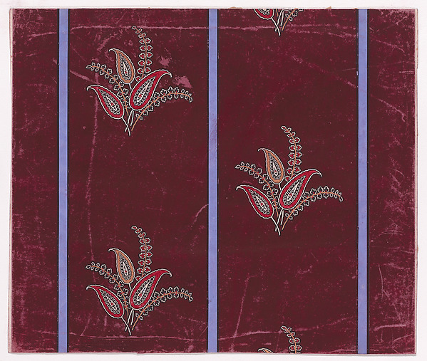 Textile Design with Alternating Vertical Rows of Bunches of Large Paisley-Inspired Stylized Leaves and Branches with Pairs of Stylized Leaves Separated by Vertical Stripes