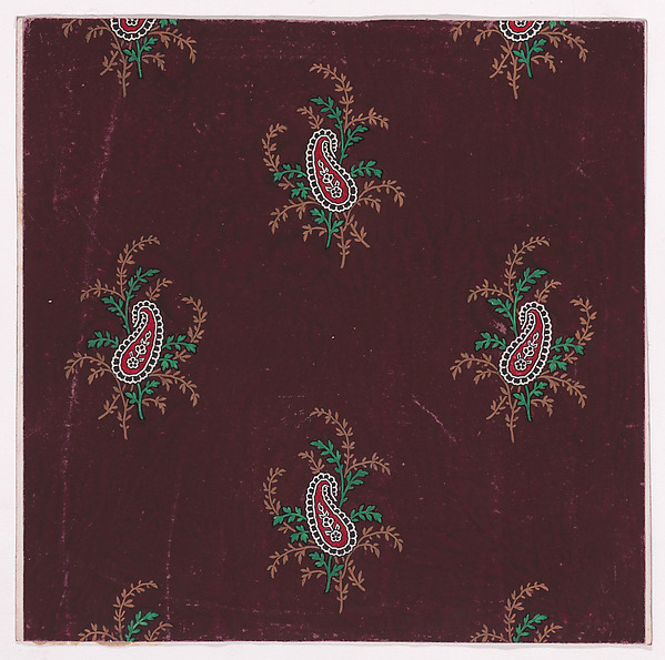 Textile Design with Alternating Rows of Bunches of Scrolling Branches with Stylized Leaves and a Paisley Motif by Anonymous, Alsatian, 19th century, The Metropolitan Museum of Art