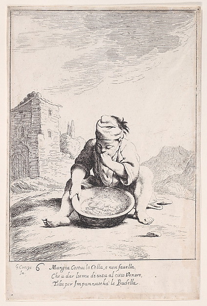 Plate 20: Cacasenno eating a bowl of pasta, from "Bertoldo, Bertoldino, and Cacasenno"