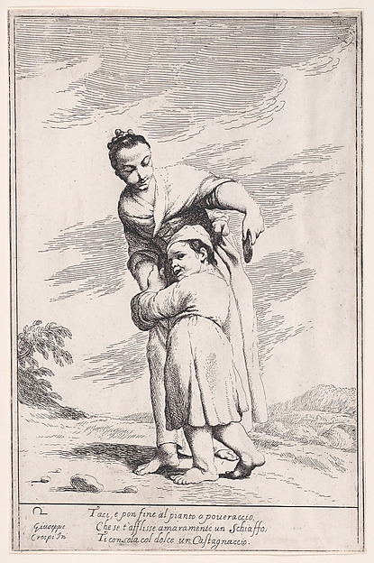 Plate 16: Menghina quiets Cacasenno with a chestnut cake, from "Bertoldo, Bertoldino, and Cacasenno"
