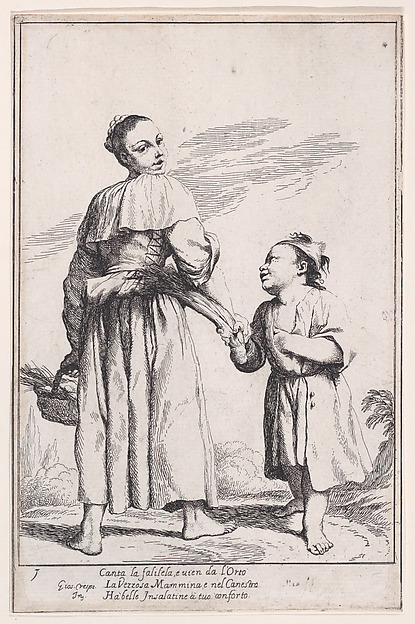 Plate 15: Menghina leaving the garden with a basket filled with herbs and encountering Cacasenno, from "Bertoldo, Bertoldino, and Cacasenno"
