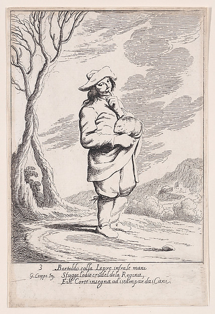 Plate 3: Bertoldo holding a hare in his hand, from "Bertoldo, Bertoldino, and Cacasenno"