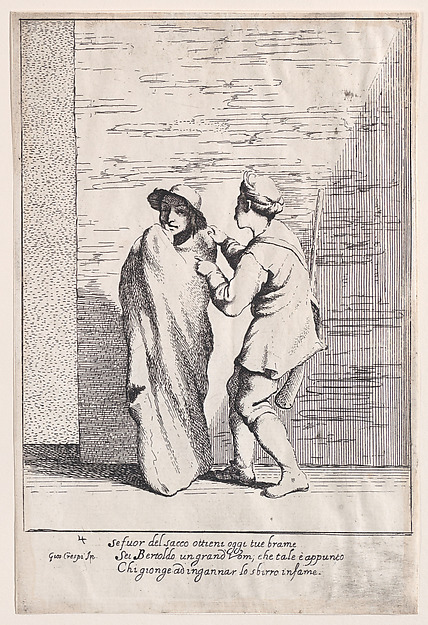 Plate 4: Bertoldo stuffed in a sack, from "Bertoldo, Bertoldino, and Cacasenno"