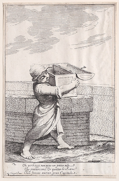 Plate 8: Bertoldino, enraged by the croaking frogs, throws his strongbox into the fish pond, from "Bertoldo, Bertoldino, and Cacasenno"