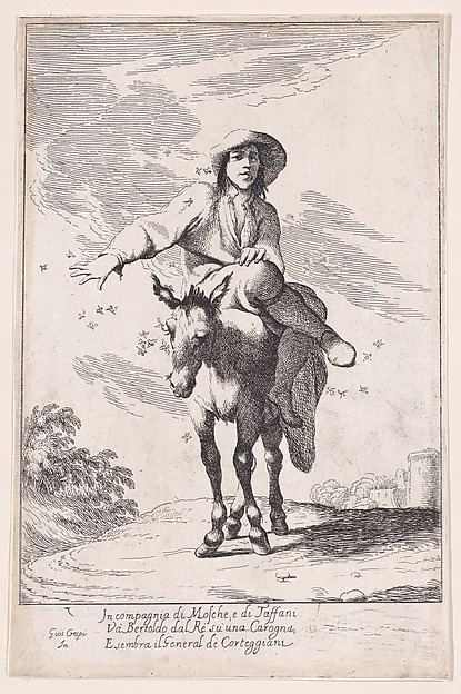 Plate 1: Bertoldo riding a donkey, from "Bertoldo, Bertoldino, and Cacasenno"